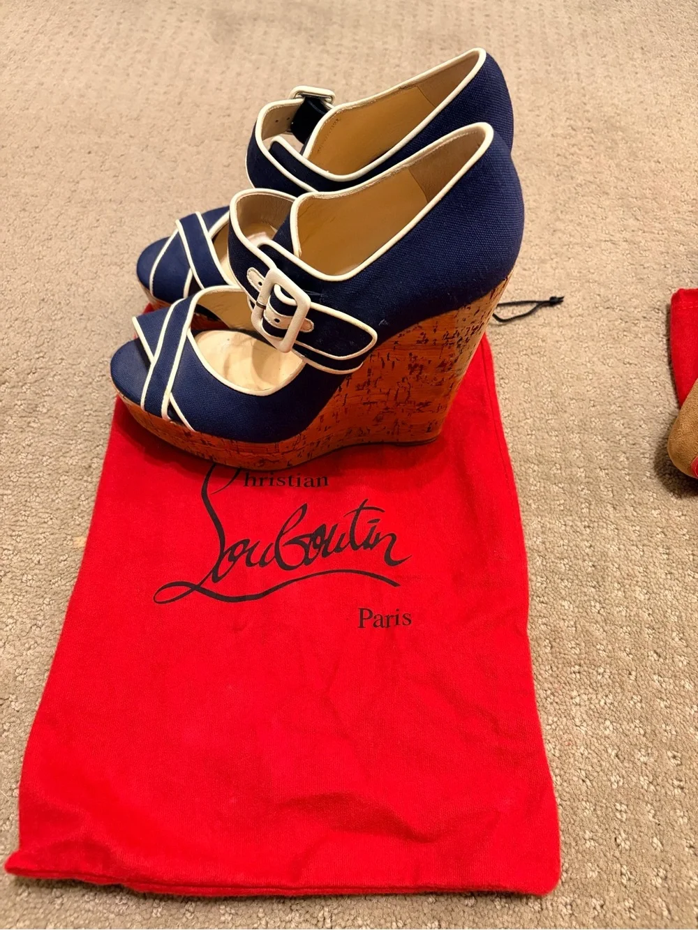 Christian Louboutin Cork Wedge Espadrille Heels – Navy/White